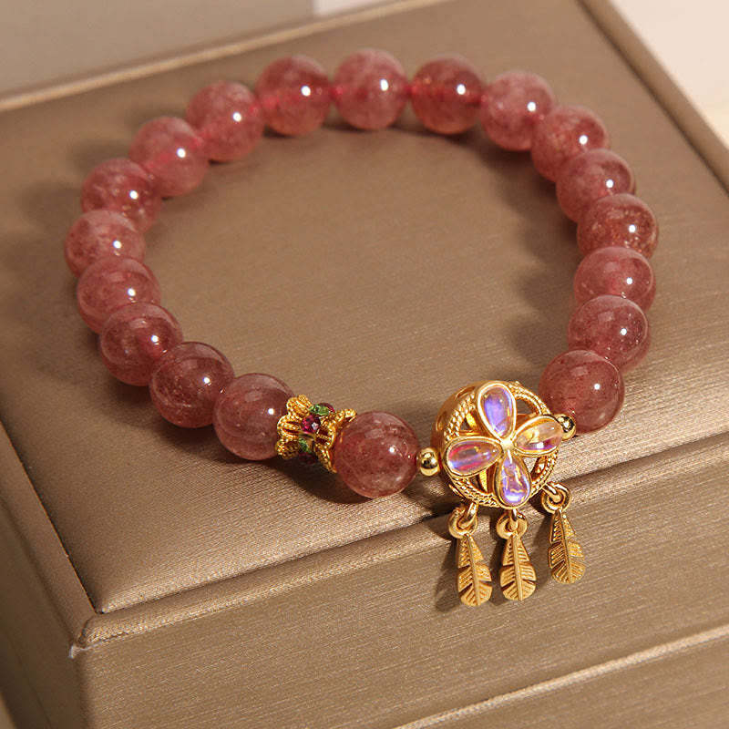 Natural Strawberry Quartz Four Leaf Clover Dreamcatcher Charm Love Bracelet
