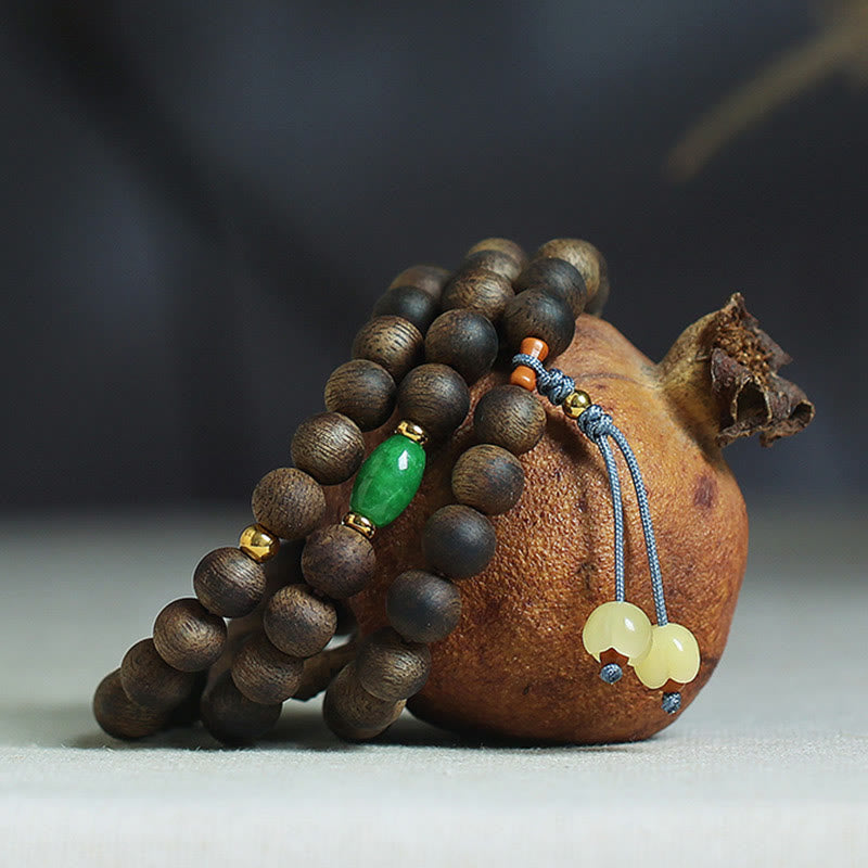 108 Mala Beads Nha Trang Bai Qinan Agarwood Cyan Jade Amber Strength Meditation Bracelet