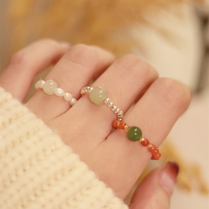 925 Sterling Silver Natural Small Hetian Jade Red Agate Pearl Bead Prosperity Elastic Ring