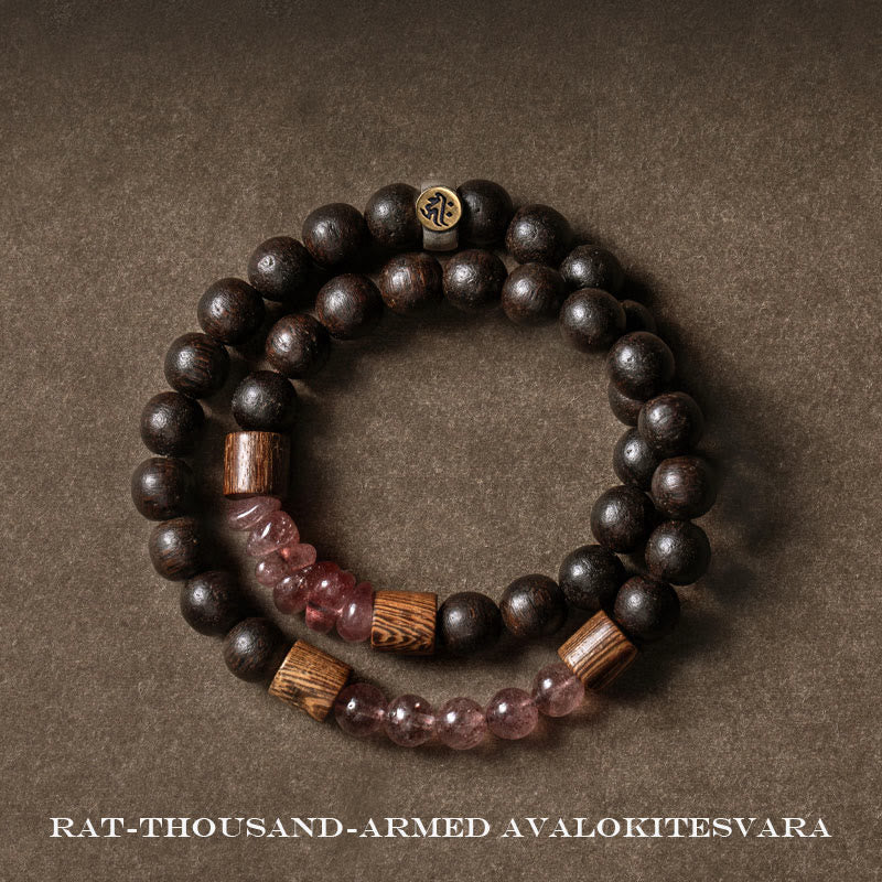 925 Sterling Silver Chinese Zodiac Natal mystic zen Agarwood Strawberry Quartz Peace Double Wrap Bracelet