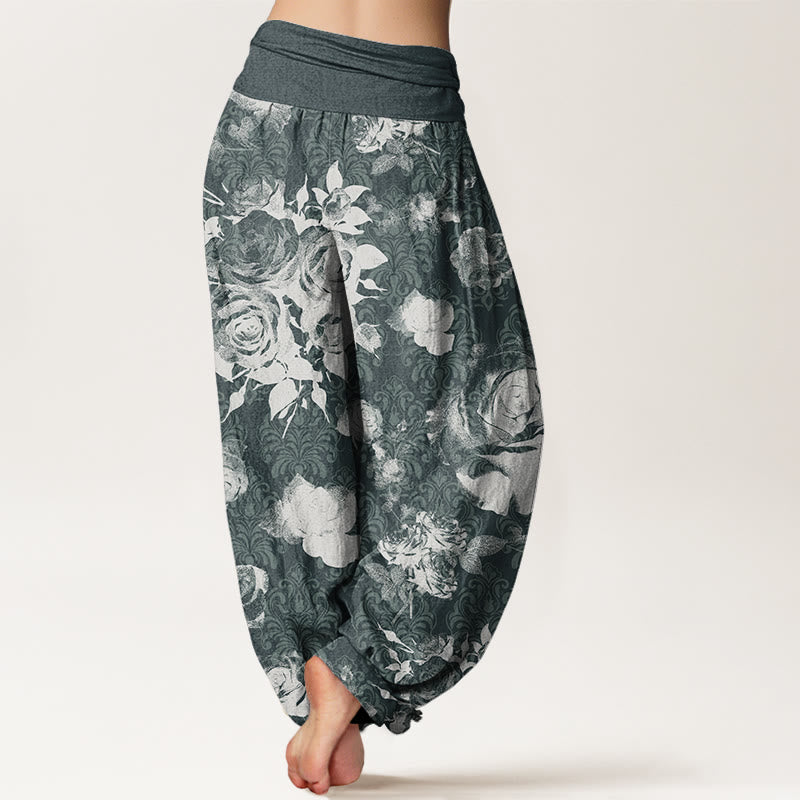 Casual White Roses Women's Elastic Waist Harem Pants