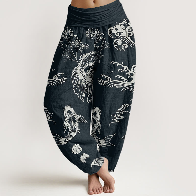 Koi Fish Waves Lotus Flowers Design Women's Elastic Waist Harem Pants