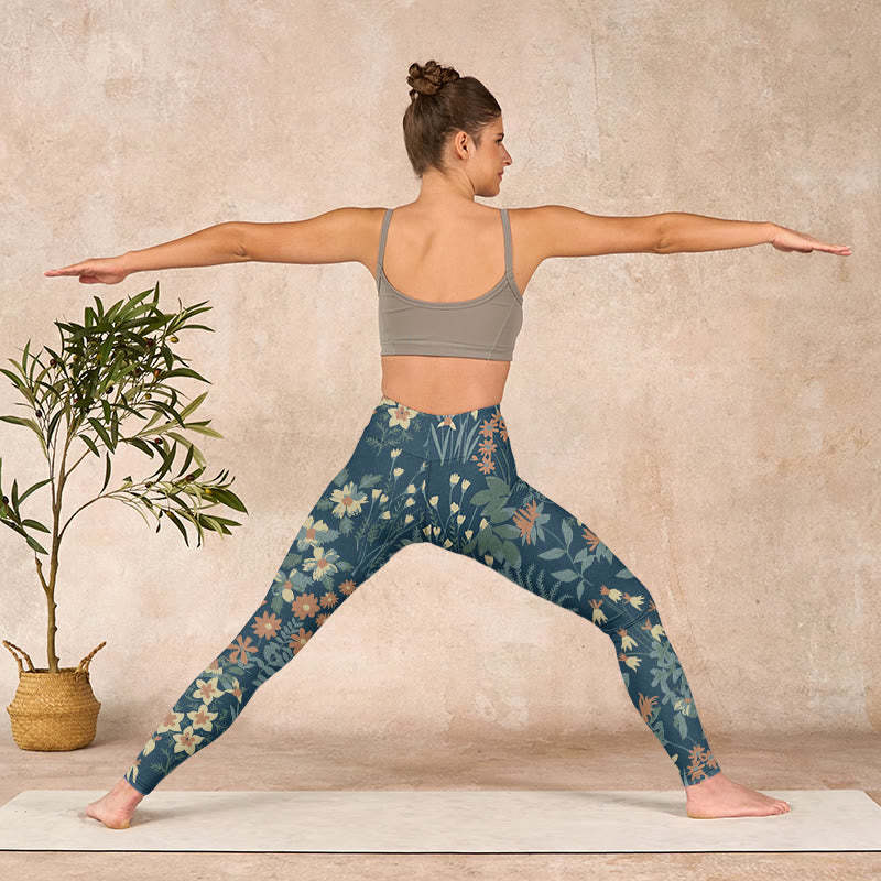 Casual Daisy Flowers Leaves Print Gym Fitness Leggings Women's Yoga Pants