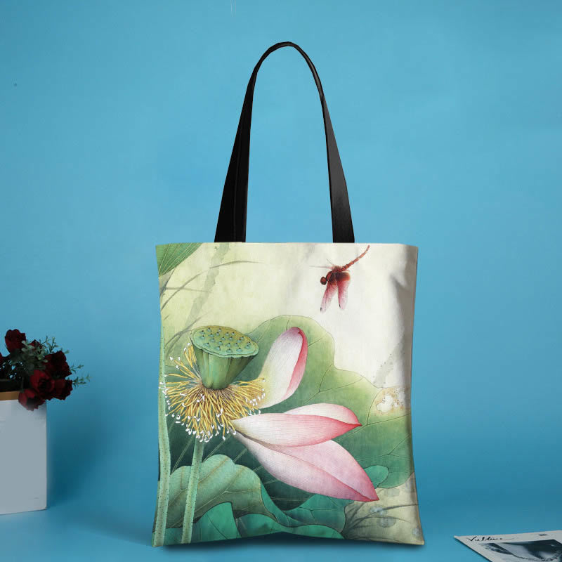 Handmade Canvas Ink Lotus Koi Fish Shoulder Bag Shopping Bag