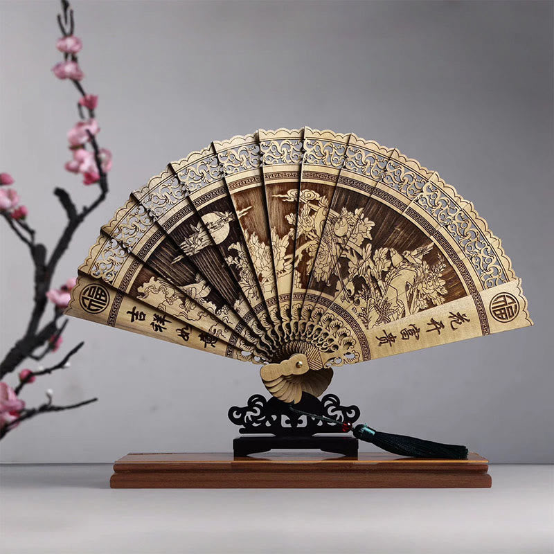 Koi Fish Peony Bird Flower Engraved Hollow Handheld Phoebe Zhennan Wood Folding Fan 22cm