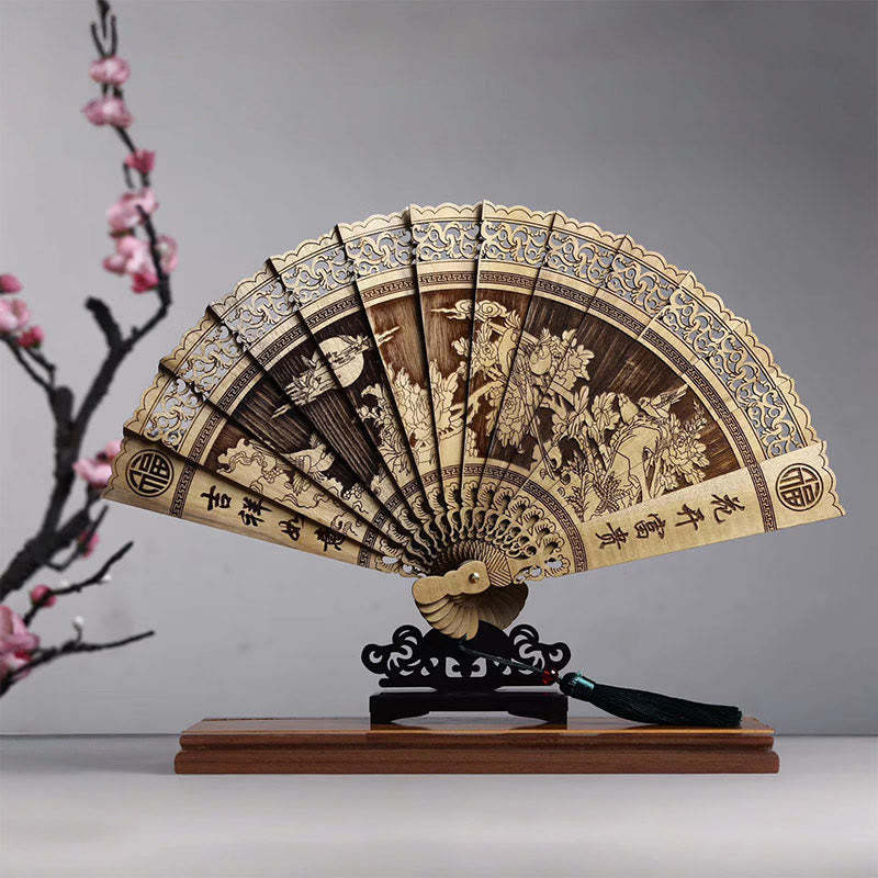 Koi Fish Peony Bird Flower Engraved Hollow Handheld Phoebe Zhennan Wood Folding Fan 22cm