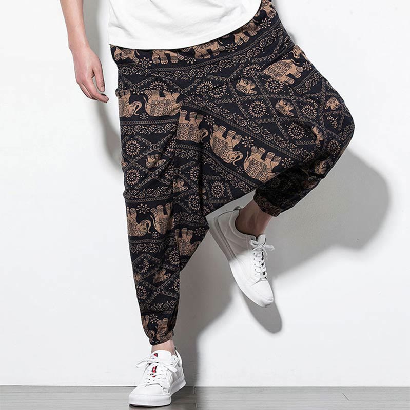 Elephant Brown Black Print Cotton Men's Long Cropped Harem Pants With Pockets
