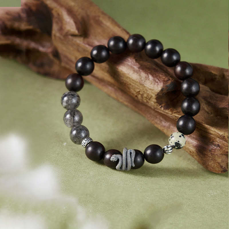 Ebony Wood Black Rutilated Quartz 925 Sterling Silver Year Of The Snake Balance Bracelet