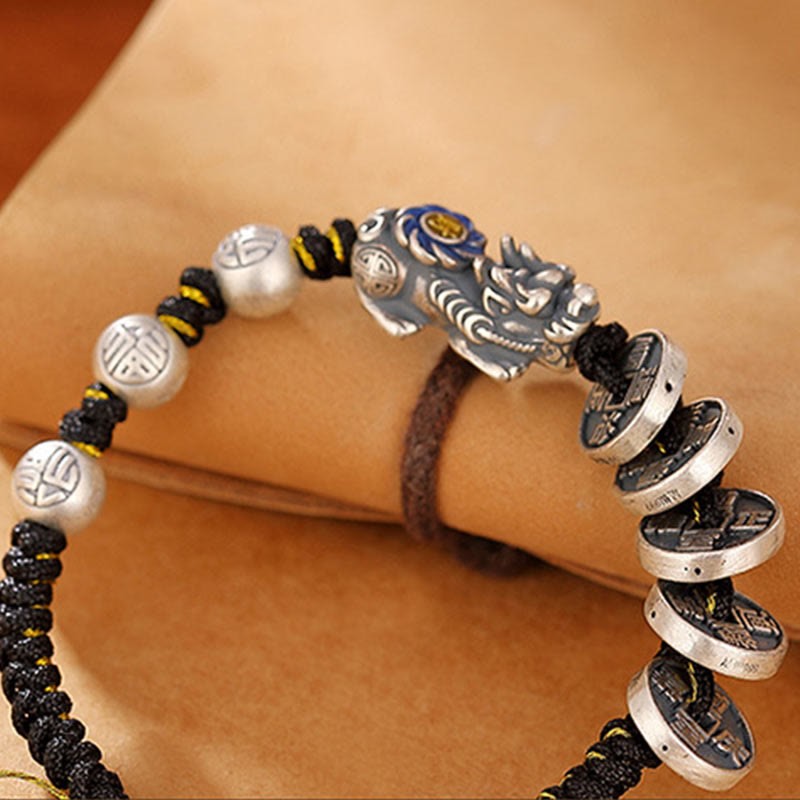 999 Sterling Silver FengShui PiXiu Copper Coin Fu Character Wealth Braided Bracelet