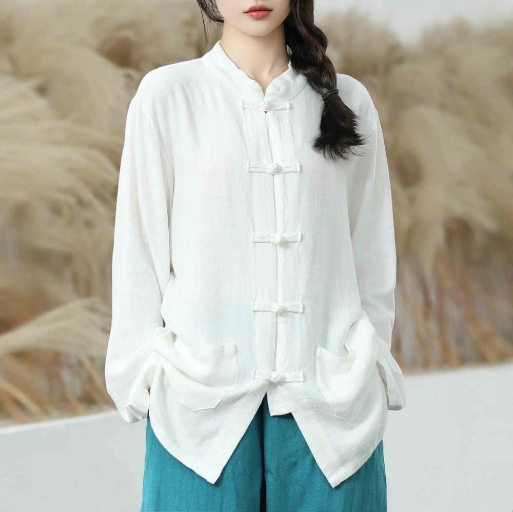 Solid Color Frog-button Long Sleeve Cotton Linen Women's Shirts With Pockets
