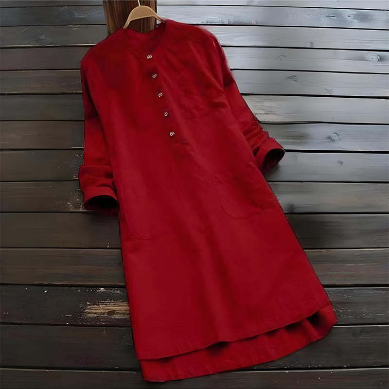 Solid Buttons Long Sleeve Cotton Linen Women's Shirt Dress With Pockets