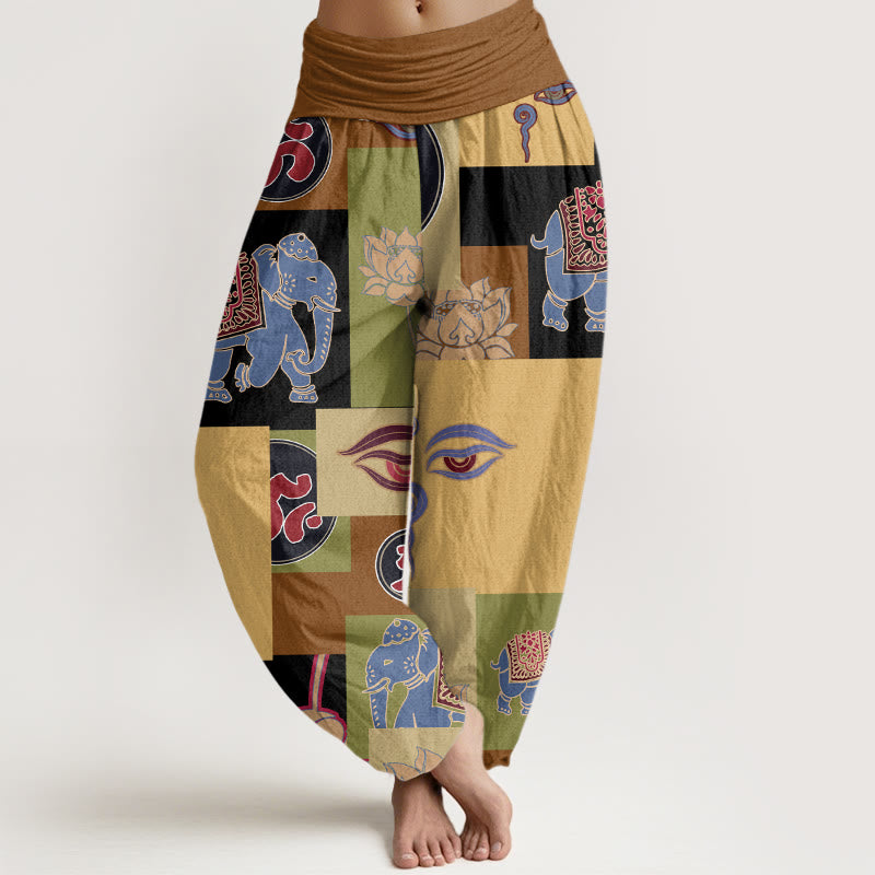 Casual Elephant Lotus mystic zen's Eye Collage Pattern Women's Elastic Waist Harem Pants