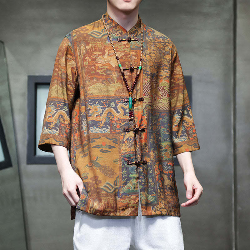 Landscape Chinese Dragon Pattern Chinese Three Quarter Sleeve Shirt Men T-shirt