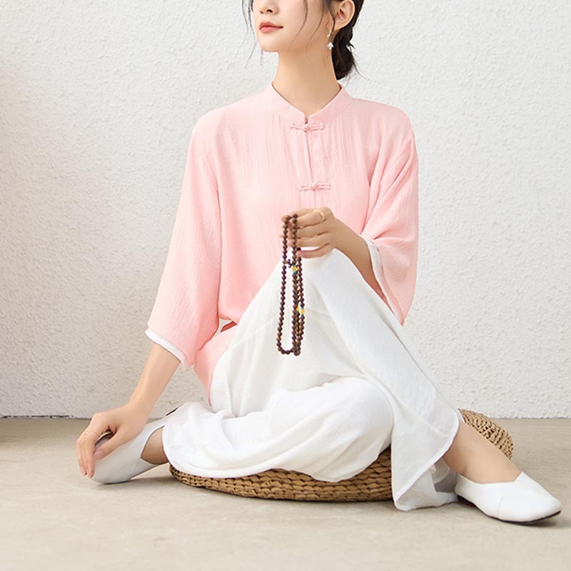 2Pcs Simple Chinese Frog Button Design Top Pants Meditation Yoga Zen Tai Chi Cotton Clothing Women's Set
