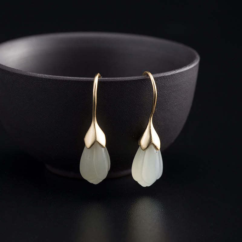 925 Sterling Silver Hetian Jade Magnolia Abundance Drop Earrings