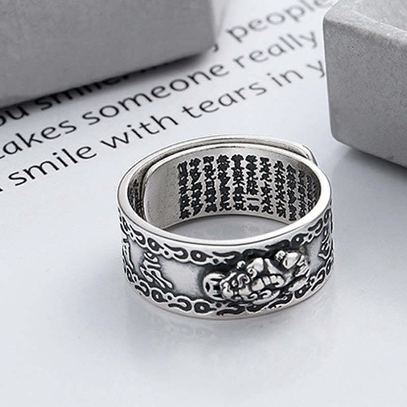 925 Sterling Silver PiXiu Scripture Carved Wealth Adjustable Ring