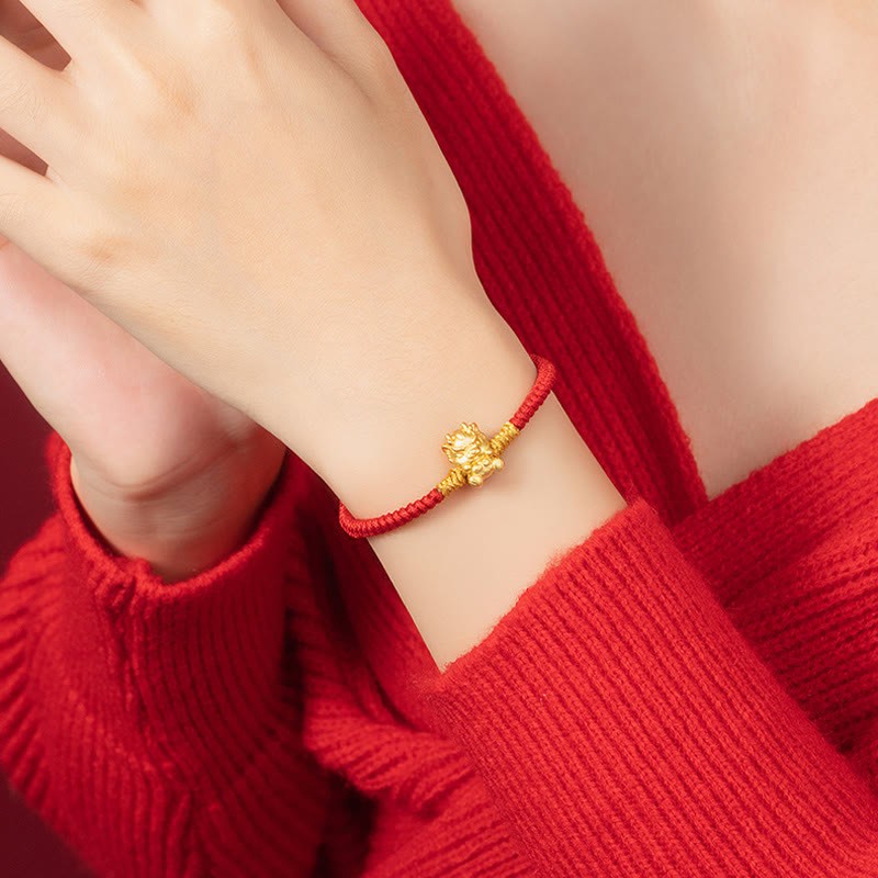 999 Sterling Silver Year of the Dragon Copper Coin Fortune Dragon Fu Character Luck Handcrafted Red String Braided Bracelet