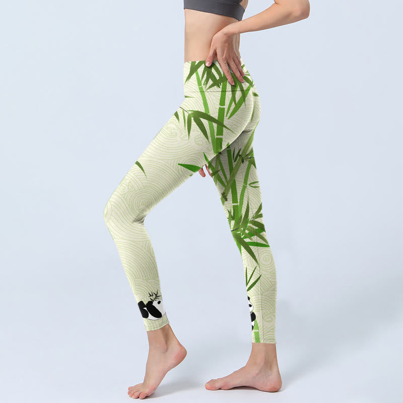 Lush Bamboo Panda Auspicious Cloud Waves Print Gym Leggings Women's Yoga Pants