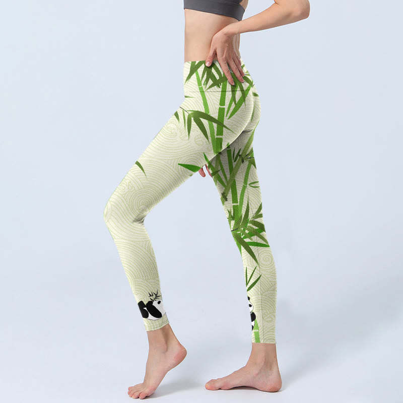 Lush Bamboo Panda Auspicious Cloud Waves Print Gym Leggings Women's Yoga Pants