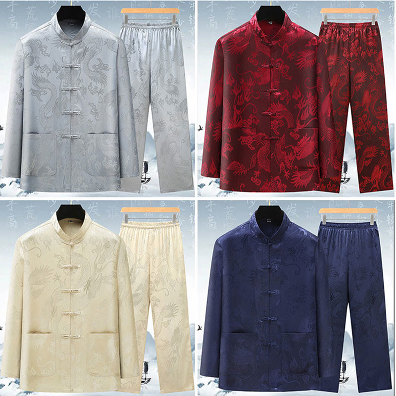 Tang Suit Men Hanfu Chinese Dragon Traditional Clothes Kung Fu Shirt Uniform Long Sleeved Coat Tops and Pants Clothing Men's Set