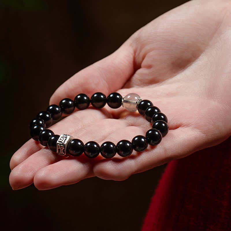 Chinese Zodiac Natal mystic zen 925 Sterling Silver Black Obsidian Moonstone Strength Bracelet