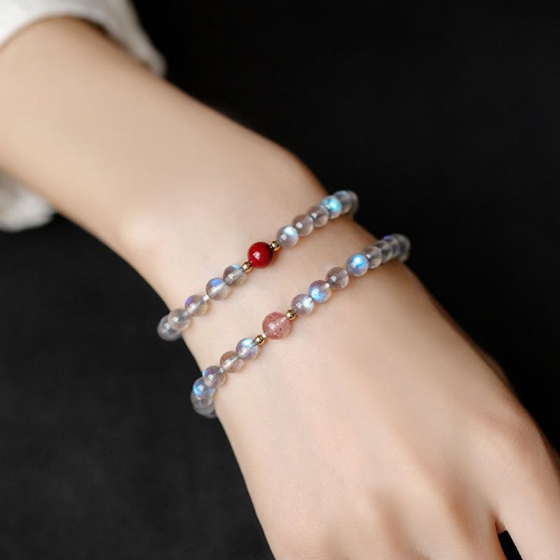 Moonstone Pink Crystal Cinnabar Healing Positive Bracelet
