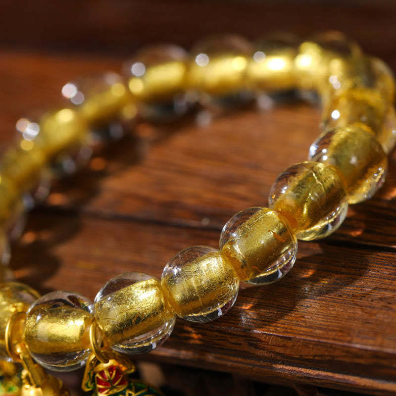Gold Swallowing Beast Family Charm Gold Foil Liuli Glass Bead Fortune Bracelet