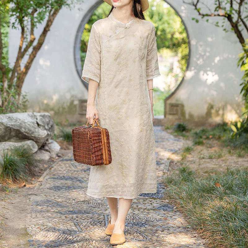 Casual Embroidered Slant Collar Stand Collar Half Sleeve Design Ramie Midi Dress With Pockets