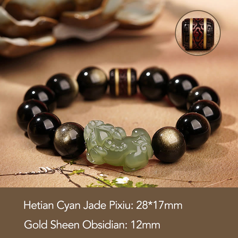 Natural Gold Sheen Obsidian Hetian Cyan Jade White Jade PiXiu Wealth Bracelet