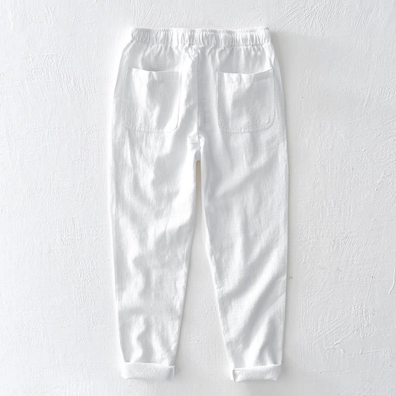 Casual Solid Color Simple Design Drawstring Ramie Linen Men's Pants With Pockets