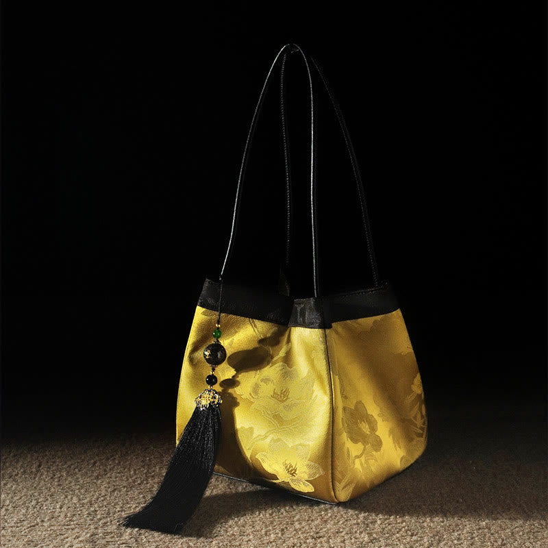 Retro Flower Butterfly Bird Embroidery Bead Tassel Mulberry Silk Jacquard Xiangyunsha Silk Shoulder Bag Hangbags