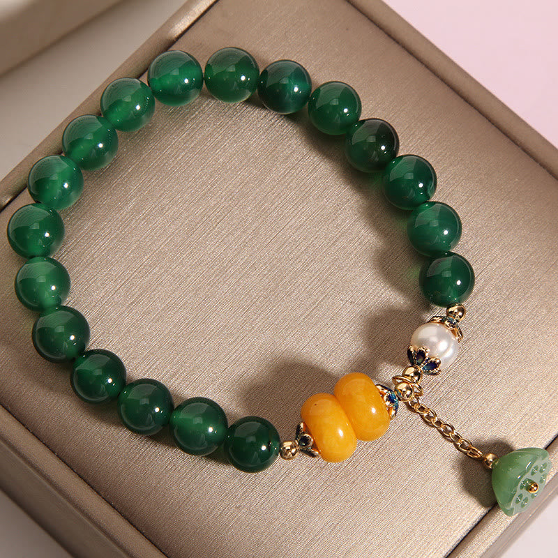 Green Agate Amber Pearl Lotus Pod Support Bracelet