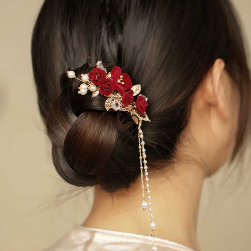 Retro Chinese Style Red Camellia Flower Tassel Side Hair Clip