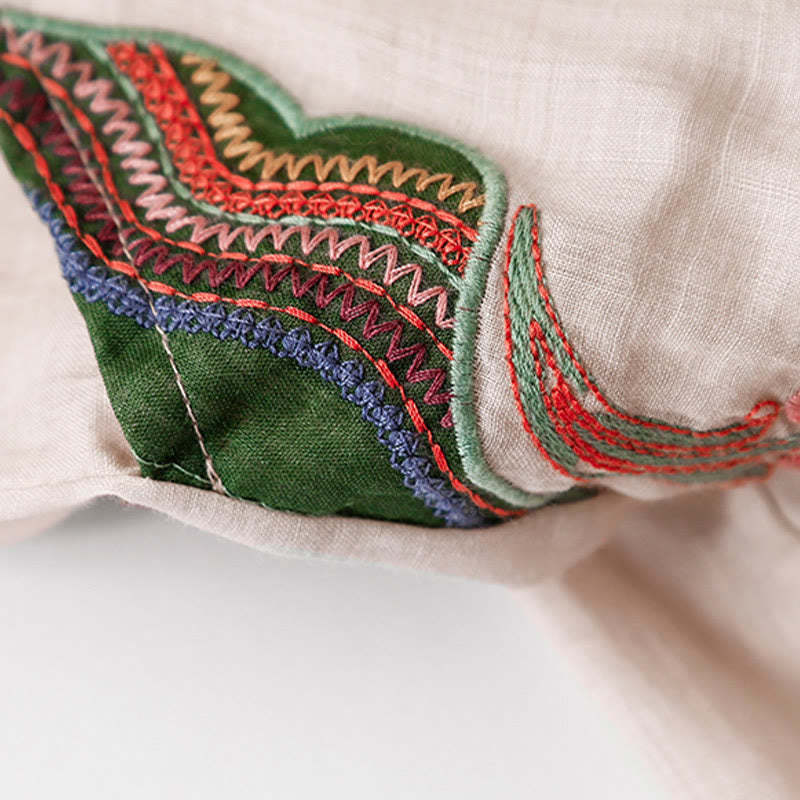 Summer Embroidery Double Layer Cotton Linen Women's Wide Leg Pants With Pockets