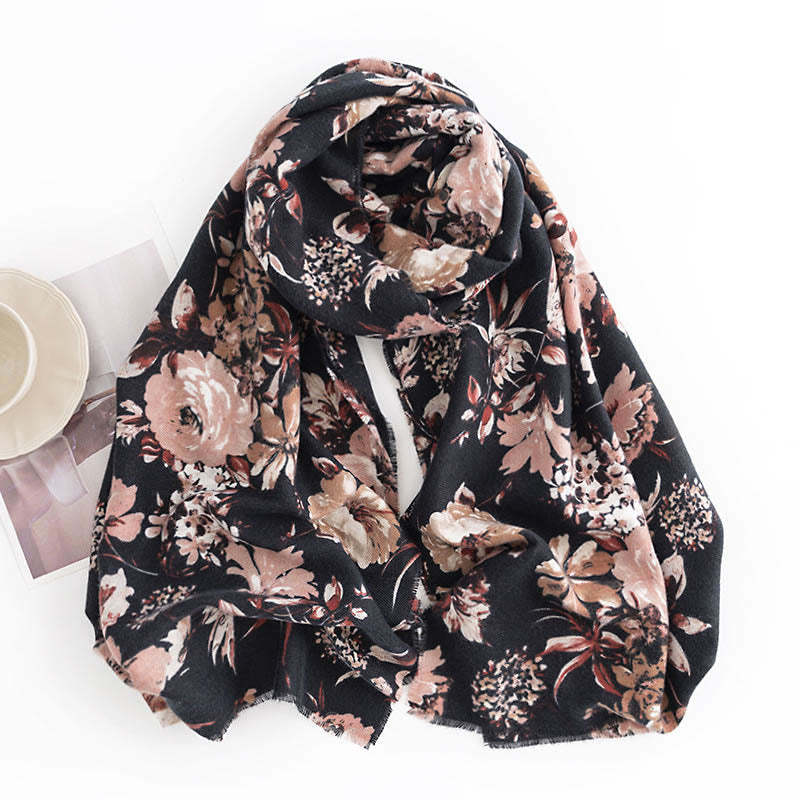 Tibetan Blooming Chrysanthemum Rose Flower Print Shawl Fall Winter Soft Warm Scarf Wrap