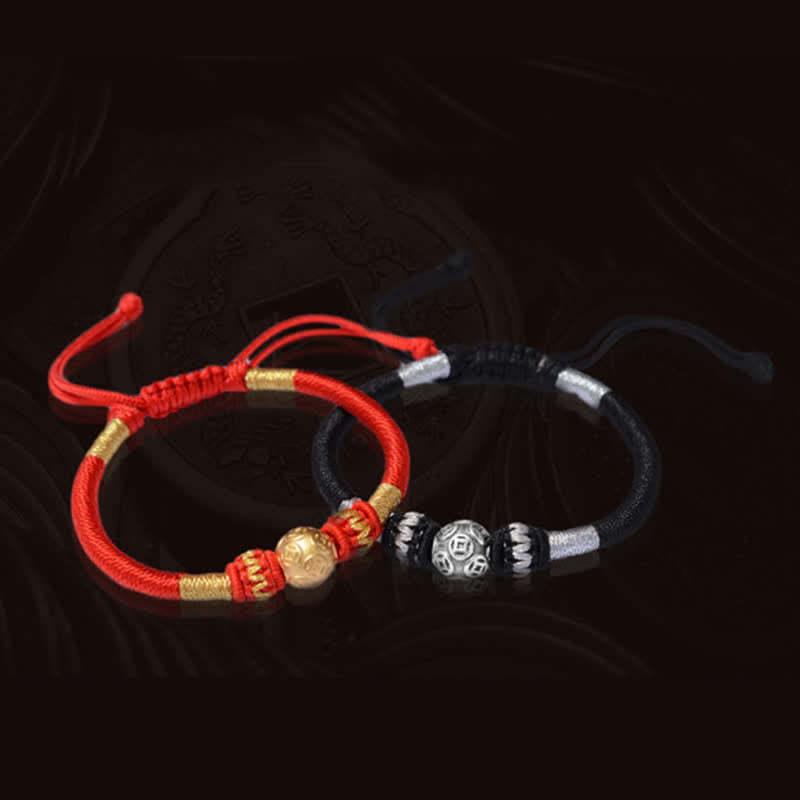999 Sterling Silver Round Copper Coin Protection Luck Beaded String Bracelet