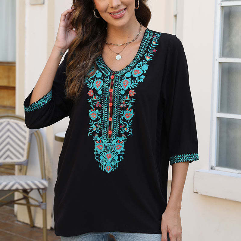 Summer Casual Embroidery Flower Leaf Half Sleeve V-neck Cotton Women's T-Shirt