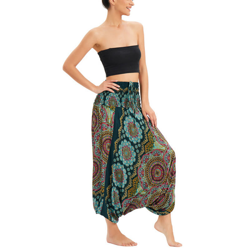 Two Style Wear Mandala Flower Pattern Loose Smocked Harem Trousers Jumpsuit High Waist Pants