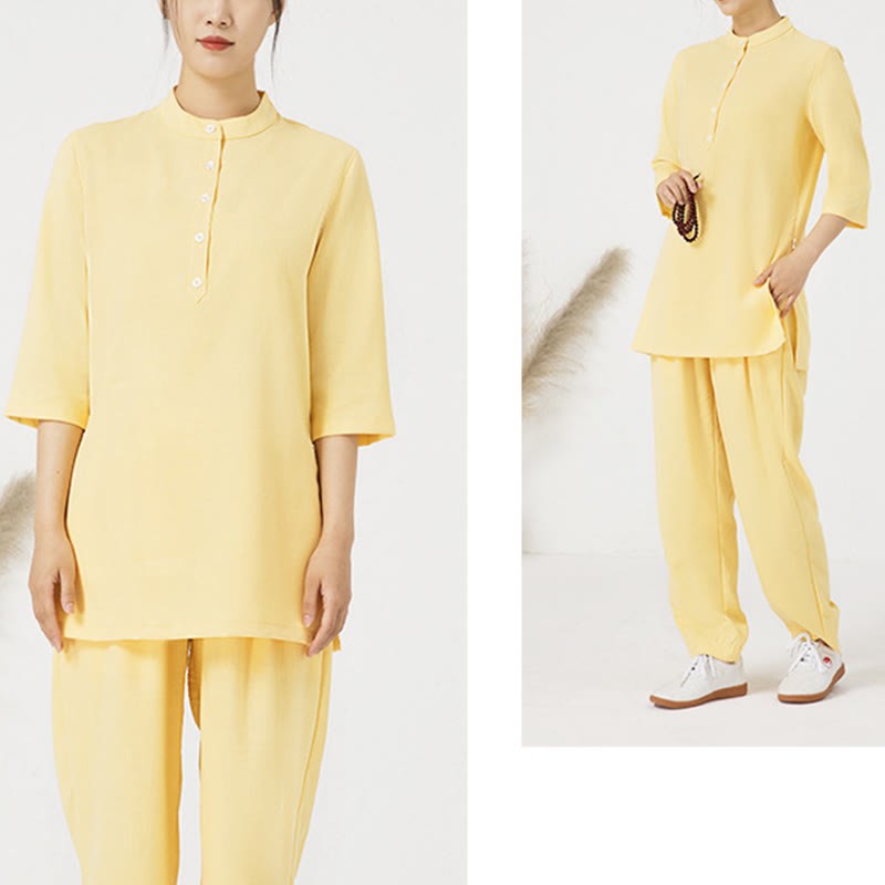2Pcs Solid Color Three Quarter Shirt Top Pants Meditation Zen Tai Chi Cotton Linen Clothing Women's Set