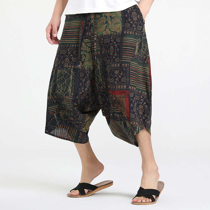 Ethnic Pattern Drawstring 7-8 Length Cotton Men's Harem Pants With Pockets