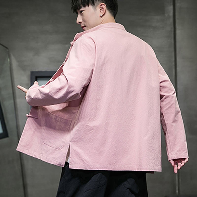 Solid Color Frog-button Tang Suit Cotton Linen Men's Jacket Shirt With Pockets