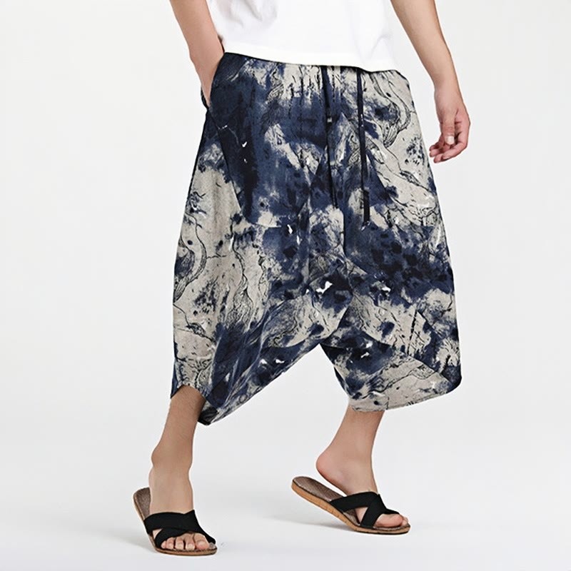 Ethnic Pattern Drawstring 7-8 Length Cotton Men's Harem Pants With Pockets