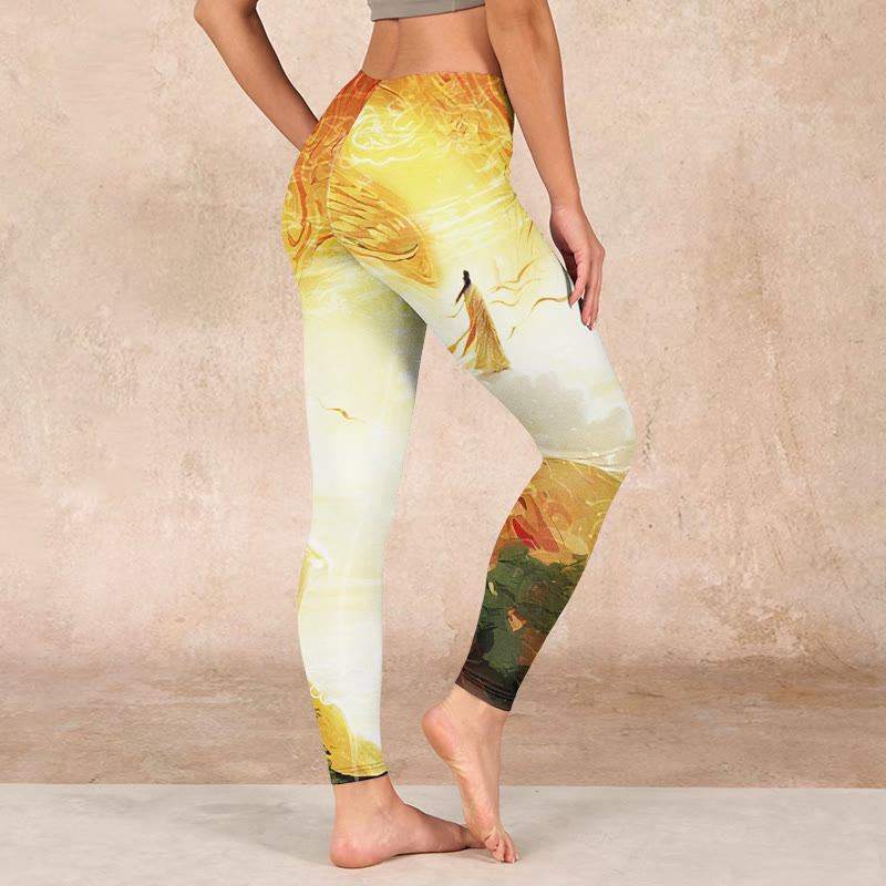 Golden Auspicious Cloud Figure Print Fitness Leggings Women's Yoga Pants
