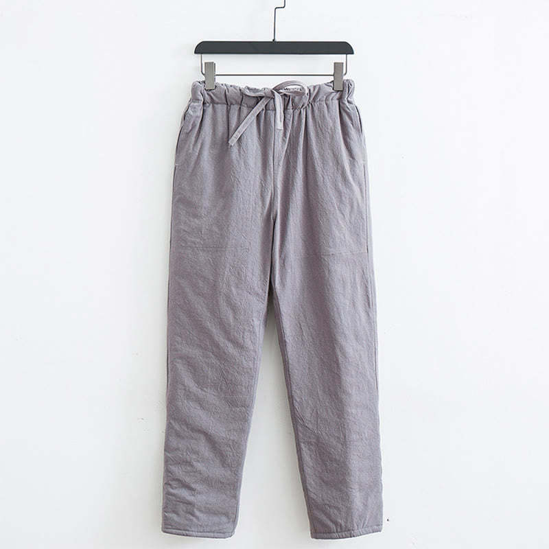 Winter Solid Men's Drawstring Cotton Fleece Lined Pants With Pockets