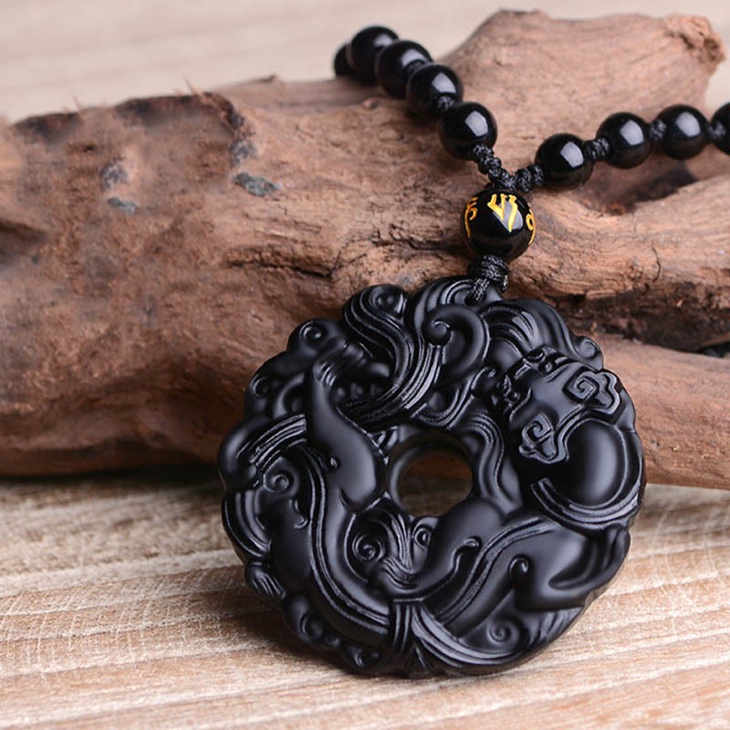 Natural Black Obsidian Peace Buckle Pixiu Purification Necklace Pendant