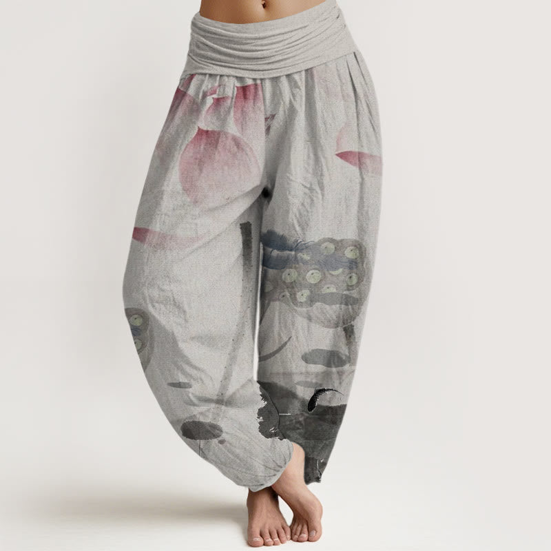 Ink Lotus Flowers Leaves Koi Fish Pattern Women's Elastic Waist Harem Pants