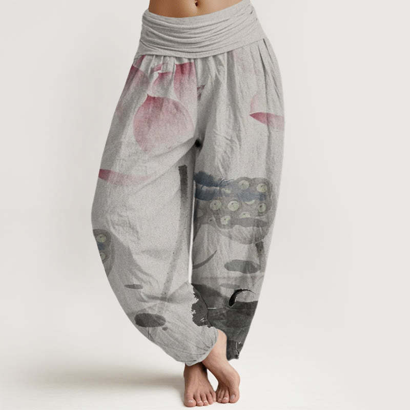 Ink Lotus Flowers Leaves Koi Fish Pattern Women's Elastic Waist Harem Pants