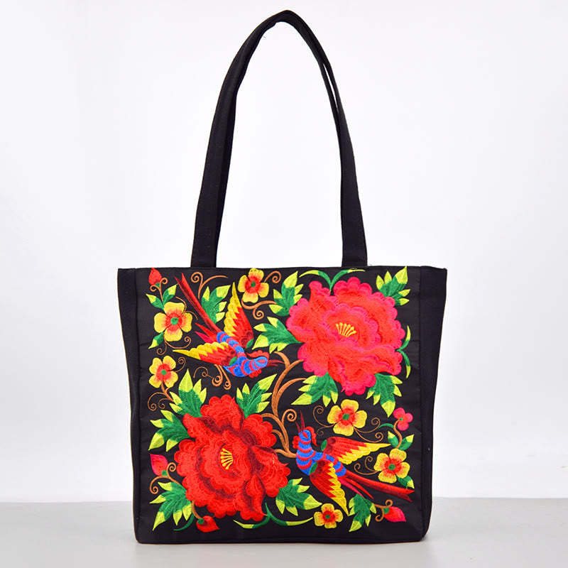 Galsang Magpie Peony Camellia Chrysanthemum Embroidery Canvas Shopping Purse Handbag Shoulder Bag