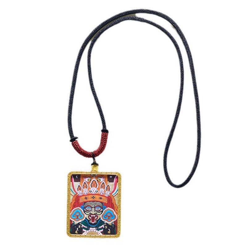 Tibetan Zakiram Nine-Tailed Fox Yellow God of Wealth Painted Thangka Hope Necklace Pendant