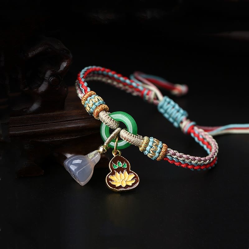 Colorful Rope Chalcedony Lotus Jade Peace Buckle Harmony Gourd Charm Bracelet